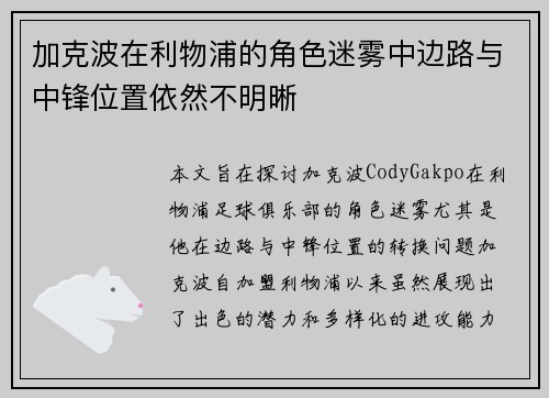 加克波在利物浦的角色迷雾中边路与中锋位置依然不明晰